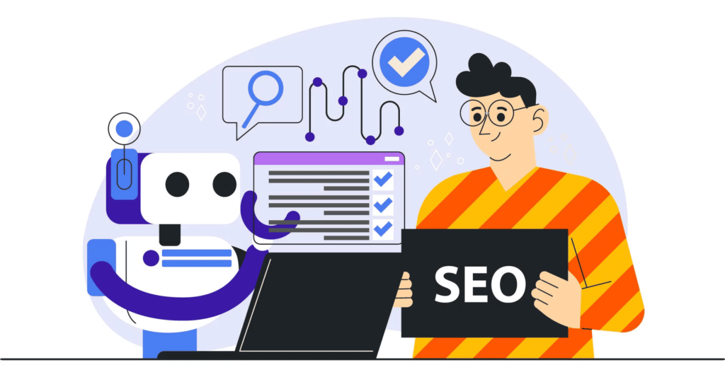 illustration: a man and a robot working together on SEO strategy