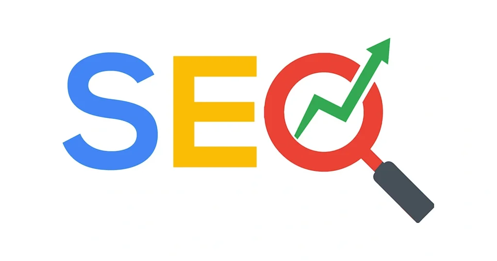 illustration - SEO written in blue, yellow and red.