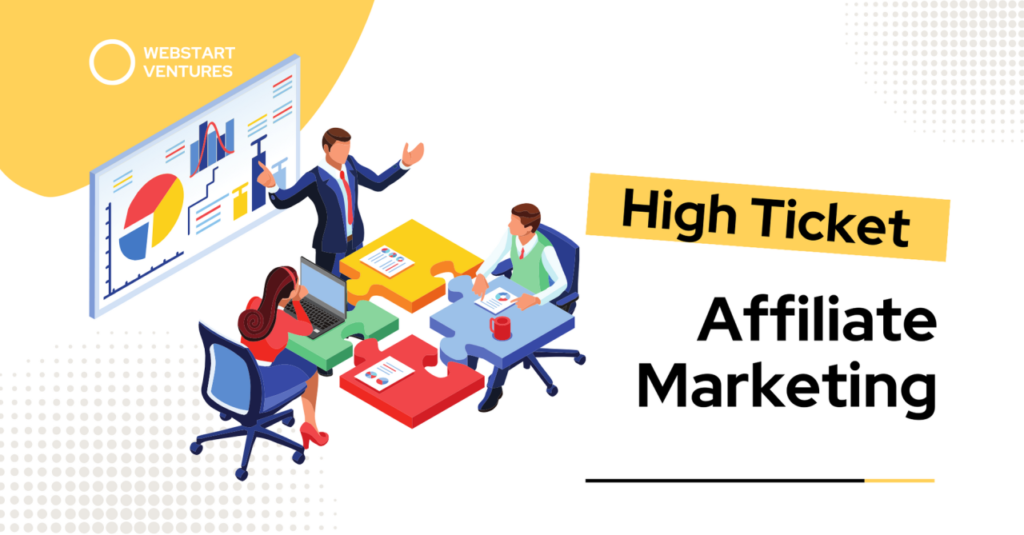 illustration: people in an office discussing high ticket affiliate marketing strategy