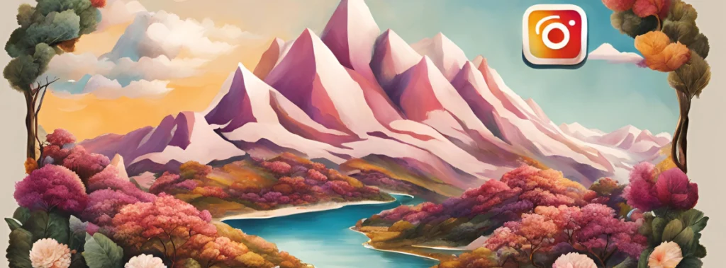 illustration: instagram logo, reels, dreamy mountain with a river close by