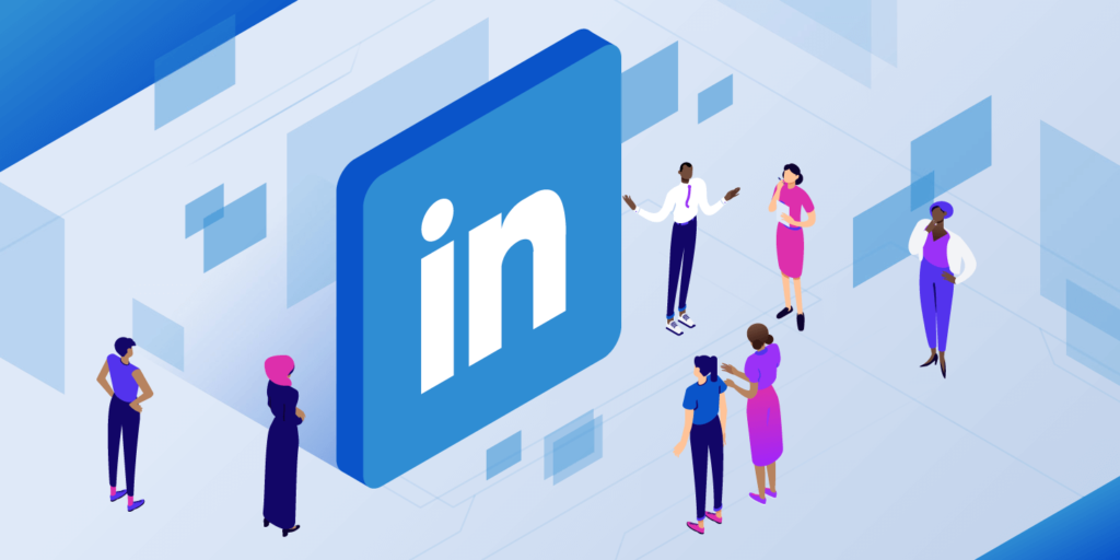 illustration: modern linkedin logo with people looking at it