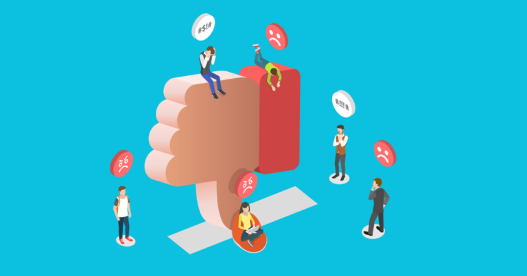 illustration: a thumb down, showing a low quality facebook post